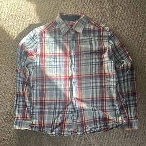 Merona Men's Plaid Cotton Long Sleeve Button-Up Shirt Red Blue Size L